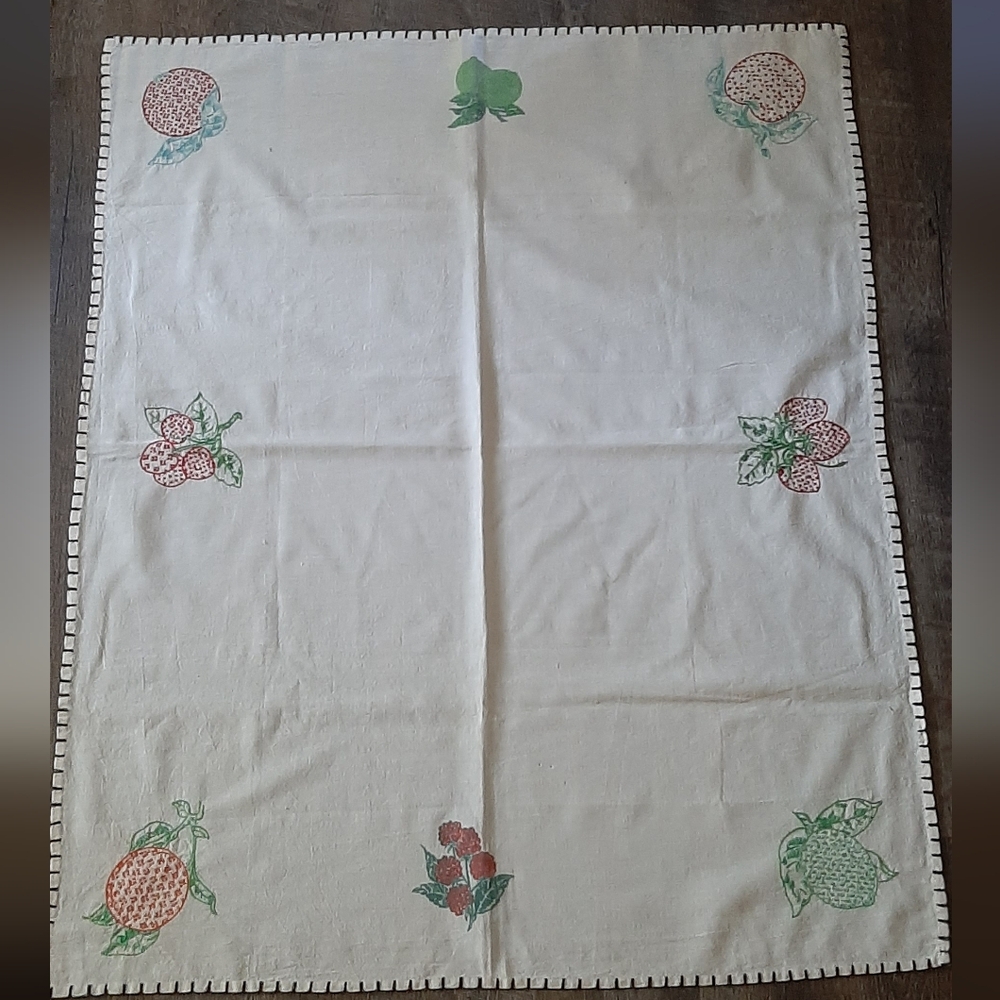 Vintage Cotton Tablecloth With Embroidered Strawberries Oranges Fruit 40" x 33"